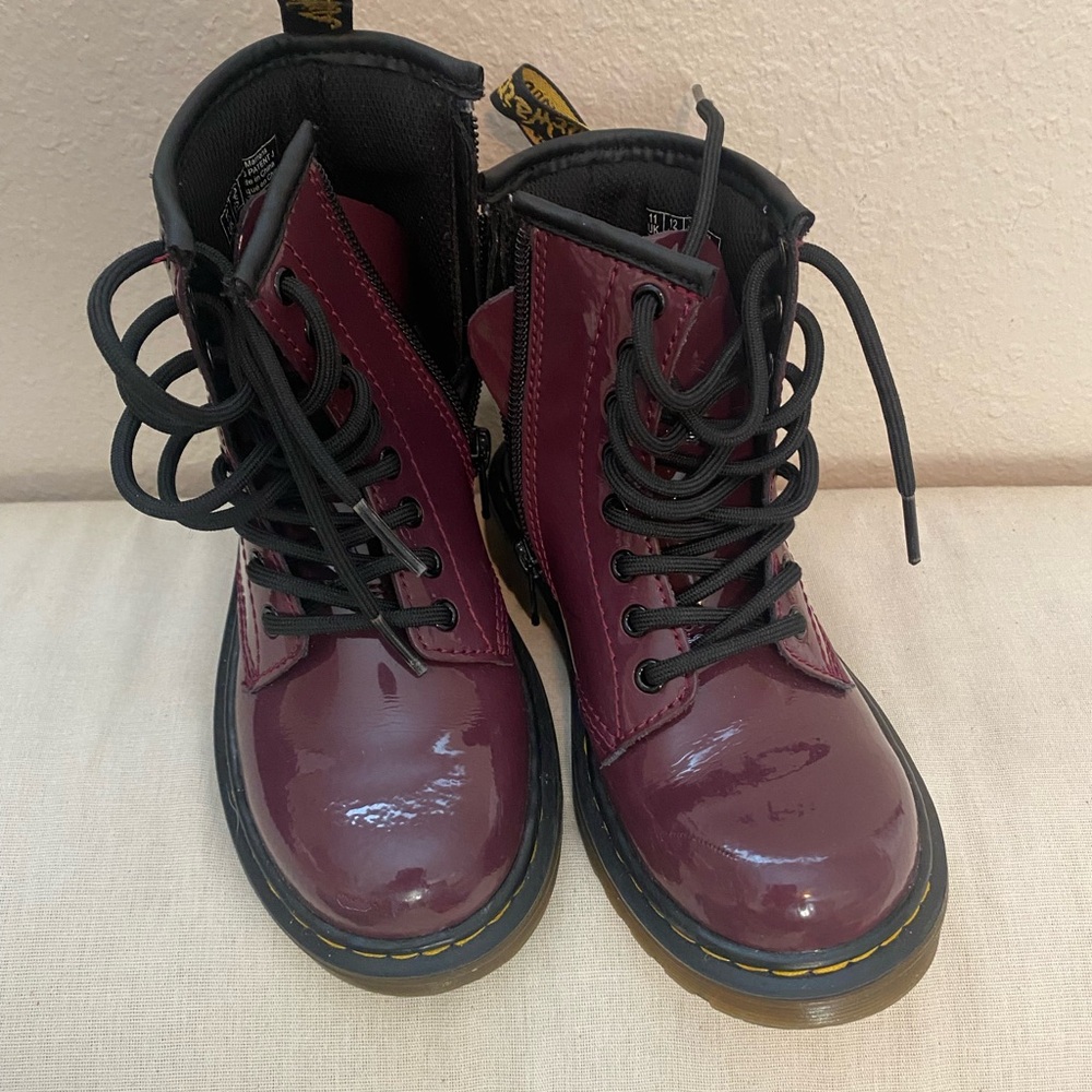 Dr. Martens Burgundy Boots with Yellow Stitching